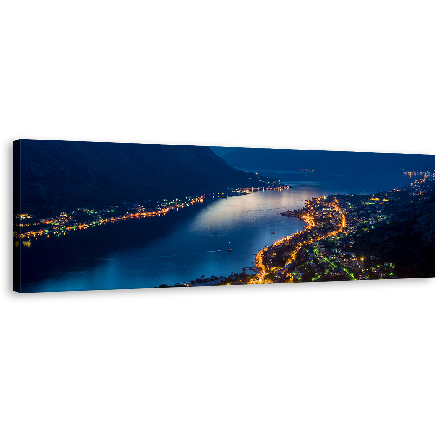 Bay of Kotor Canvas Wall Art, Blue Night Montenegro Mountains Canvas Print, Boka Kotorska Bay 1 Piece Canvas Artwork, City Mountain Yellow Lights Houses Wide Canvas