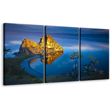 Load image into Gallery viewer, Beach Cliff Canvas Wall Art, Shaman Mountain Canvas Set, Blue Lake Baikal Multi Panel Canvas, Yellow Ocean Mountain Cliff Landscape 3 Piece Canvas Print
