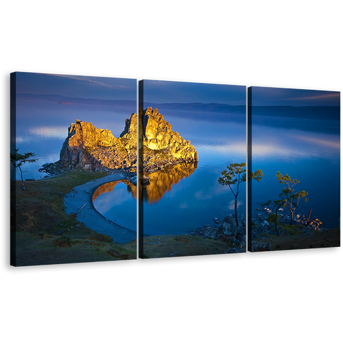 Beach Cliff Canvas Wall Art, Shaman Mountain Canvas Set, Blue Lake Baikal Multi Panel Canvas, Yellow Ocean Mountain Cliff Landscape 3 Piece Canvas Print