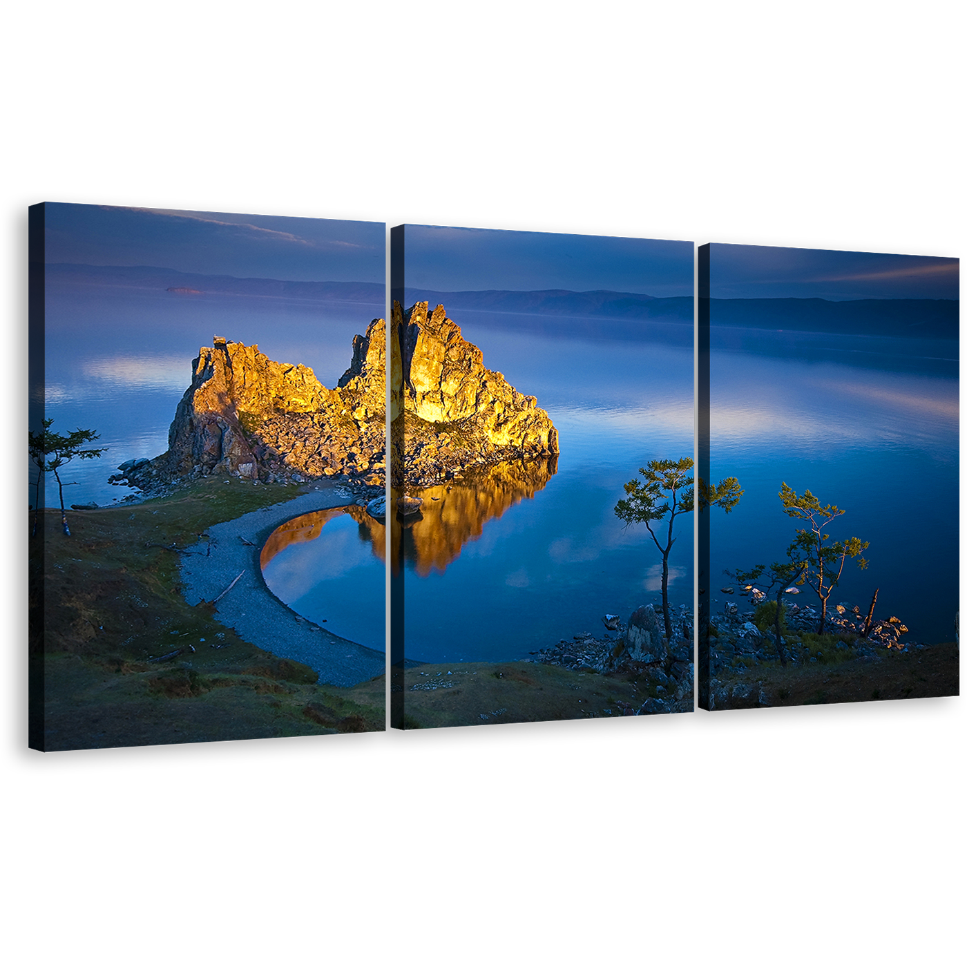 Beach Cliff Canvas Wall Art, Shaman Mountain Canvas Set, Blue Lake Baikal Multi Panel Canvas, Yellow Ocean Mountain Cliff Landscape 3 Piece Canvas Print