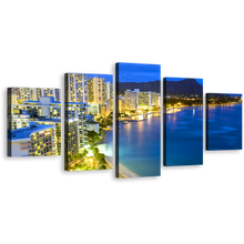 Load image into Gallery viewer, Beach Landscape Canvas Wall Art, Blue Sky Waikiki City 5 Piece Canvas Set, Honolulu Hawaii Yellow City Beach Canvas Print
