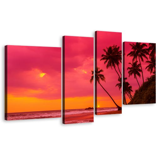 Beach Landscape Canvas Wall Art, Red Ocean 4 Piece Canvas Print, Tropical Orange Sky Ocean Multi Canvas Artwork