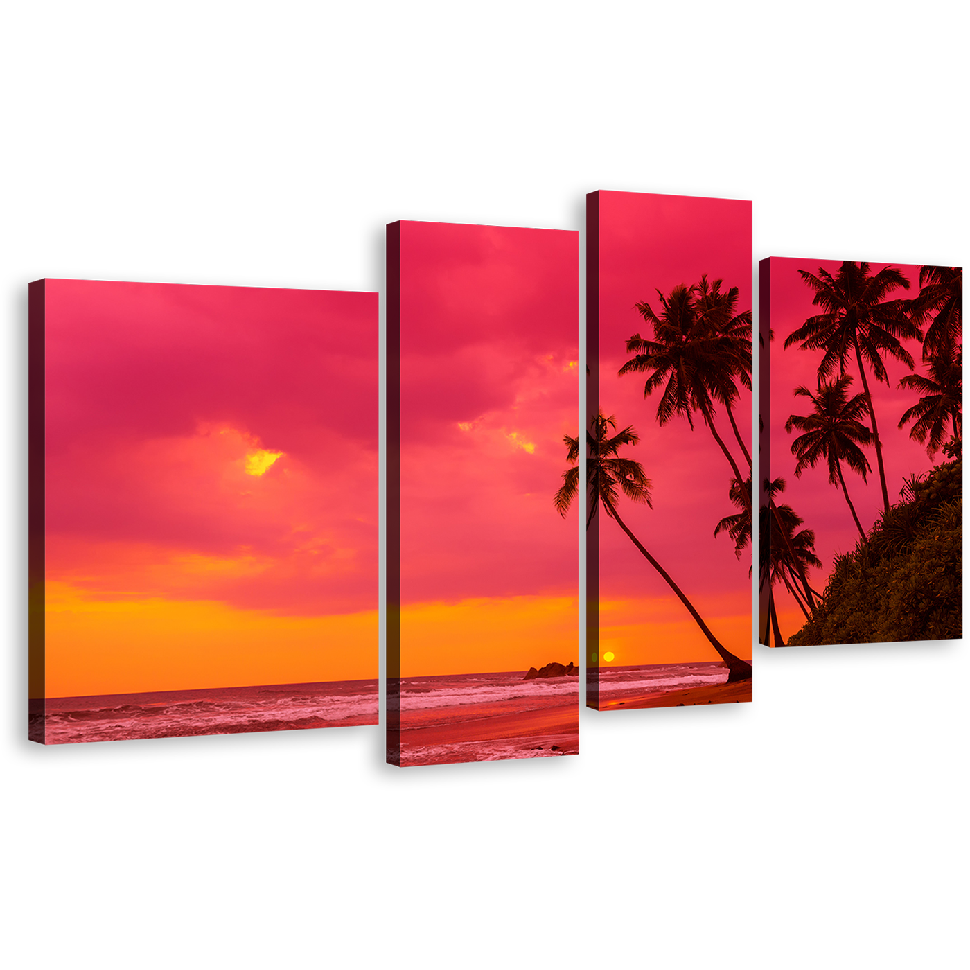 Beach Landscape Canvas Wall Art, Red Ocean 4 Piece Canvas Print, Tropical Orange Sky Ocean Multi Canvas Artwork