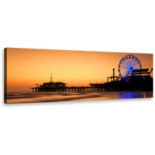 Load image into Gallery viewer, Beach Pier Canvas Wall Art, Santa Monica Orange Ocean Sky Panoramic Canvas, Blue Neon lit Ferris Wheel Canvas Print, Beautiful Ocean Beach Sunset Canvas Artwork
