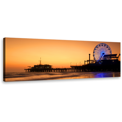 Beach Pier Canvas Wall Art, Santa Monica Orange Ocean Sky Panoramic Canvas, Blue Neon lit Ferris Wheel Canvas Print, Beautiful Ocean Beach Sunset Canvas Artwork