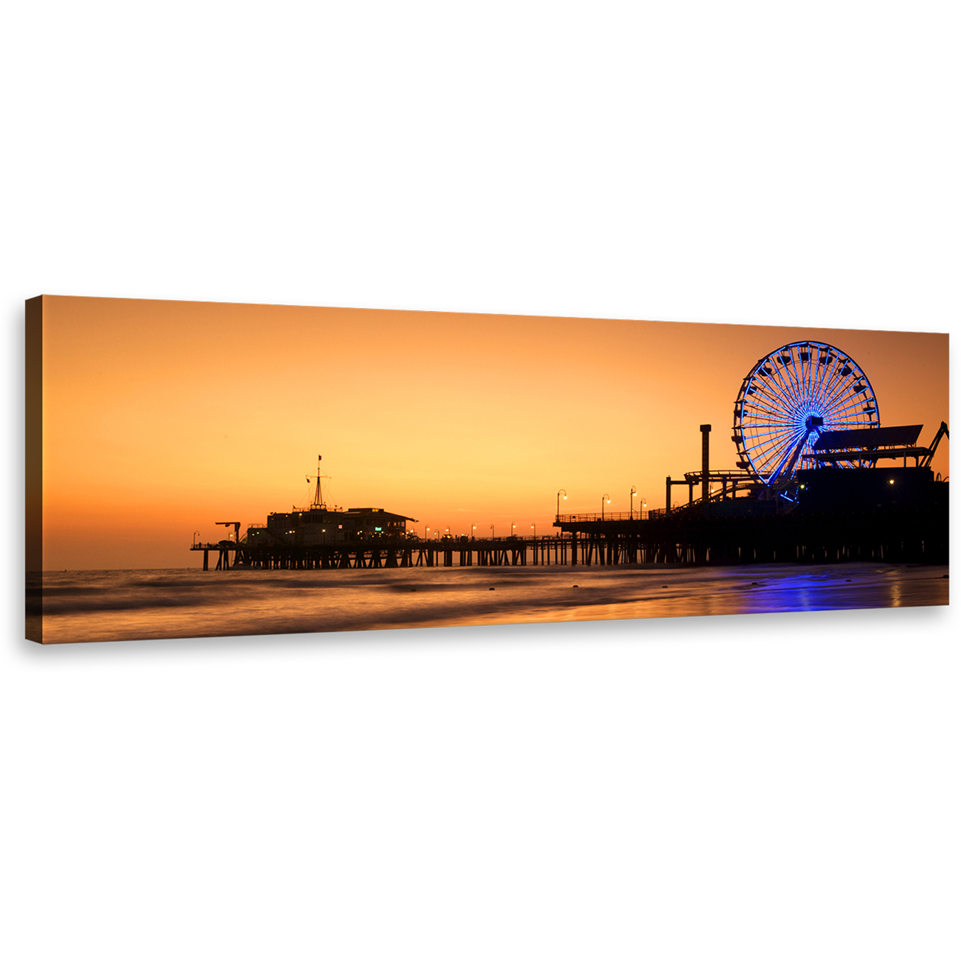 Beach Pier Canvas Wall Art, Santa Monica Orange Ocean Sky Panoramic Canvas, Blue Neon lit Ferris Wheel Canvas Print, Beautiful Ocean Beach Sunset Canvas Artwork