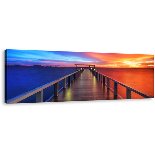 Beach Pier Wall Art, Wooden Sea Pier Canvas Print, Blue Orange Sunset Sky 1 Piece Canvas Art