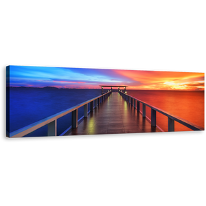 Beach Pier Wall Art, Wooden Sea Pier Canvas Print, Blue Orange Sunset Sky 1 Piece Canvas Art