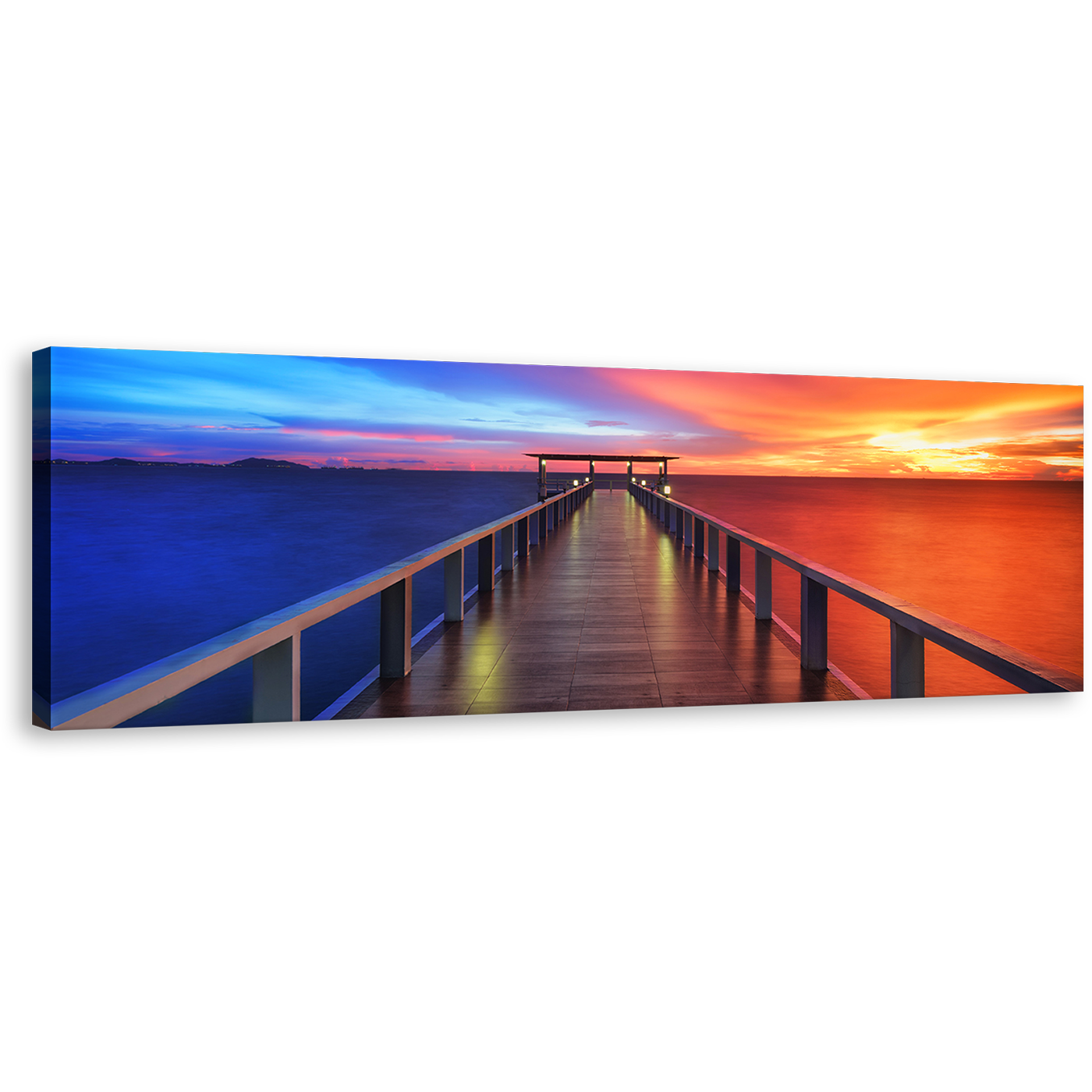 Beach Pier Wall Art, Wooden Sea Pier Canvas Print, Blue Orange Sunset Sky 1 Piece Canvas Art