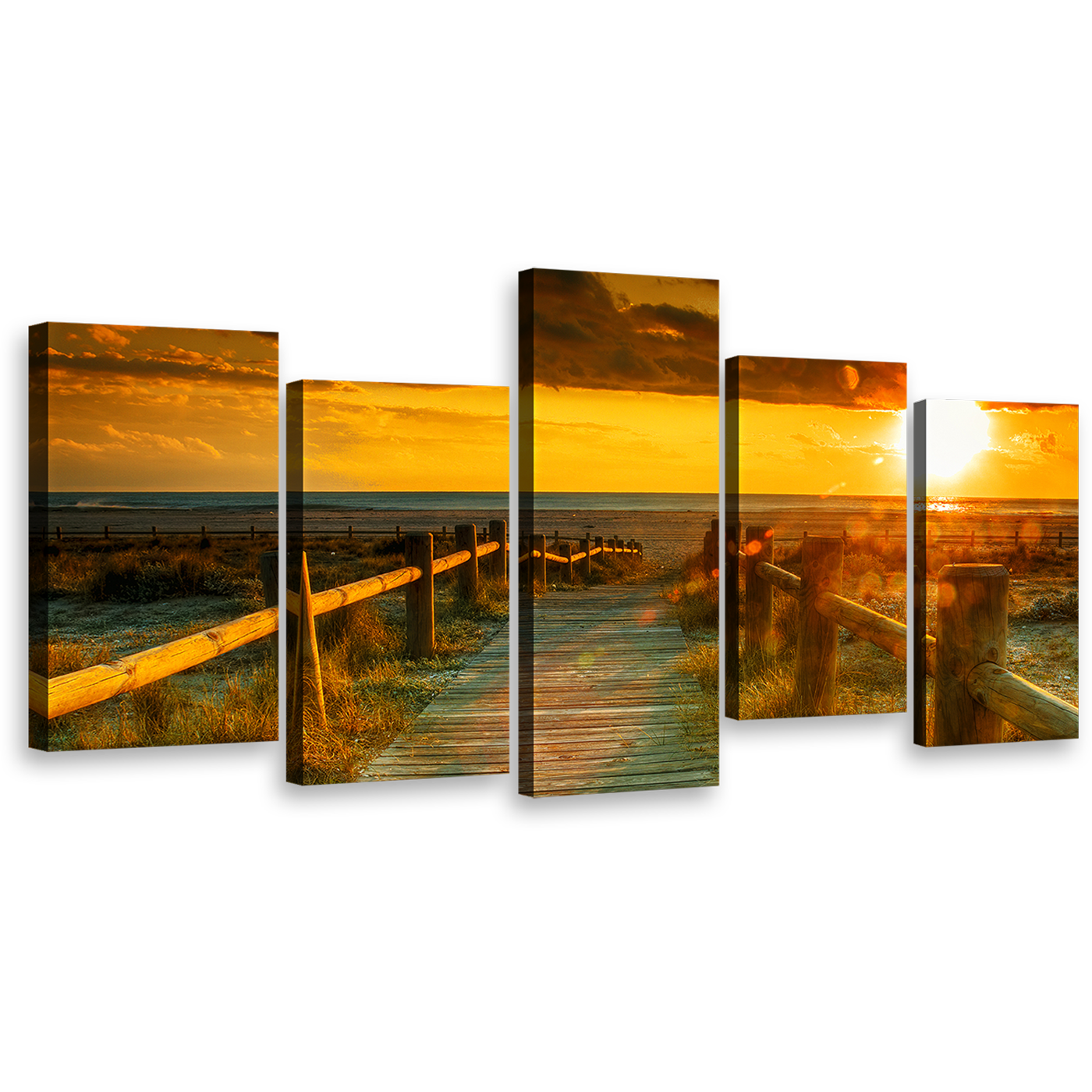 Beach Sunset Canvas Wall Art, Orange Yellow Cloudy Sky 5 Piece Canvas Print, Ocean Beach at Sunset Multi Canvas