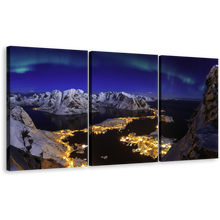 Load image into Gallery viewer, Beach Village Canvas Print, White Snowy Mountains Aurora Seascape 3 Piece Canvas Wall Art, Blue Sky Northern Lights Triptych Multi Panel Canvas
