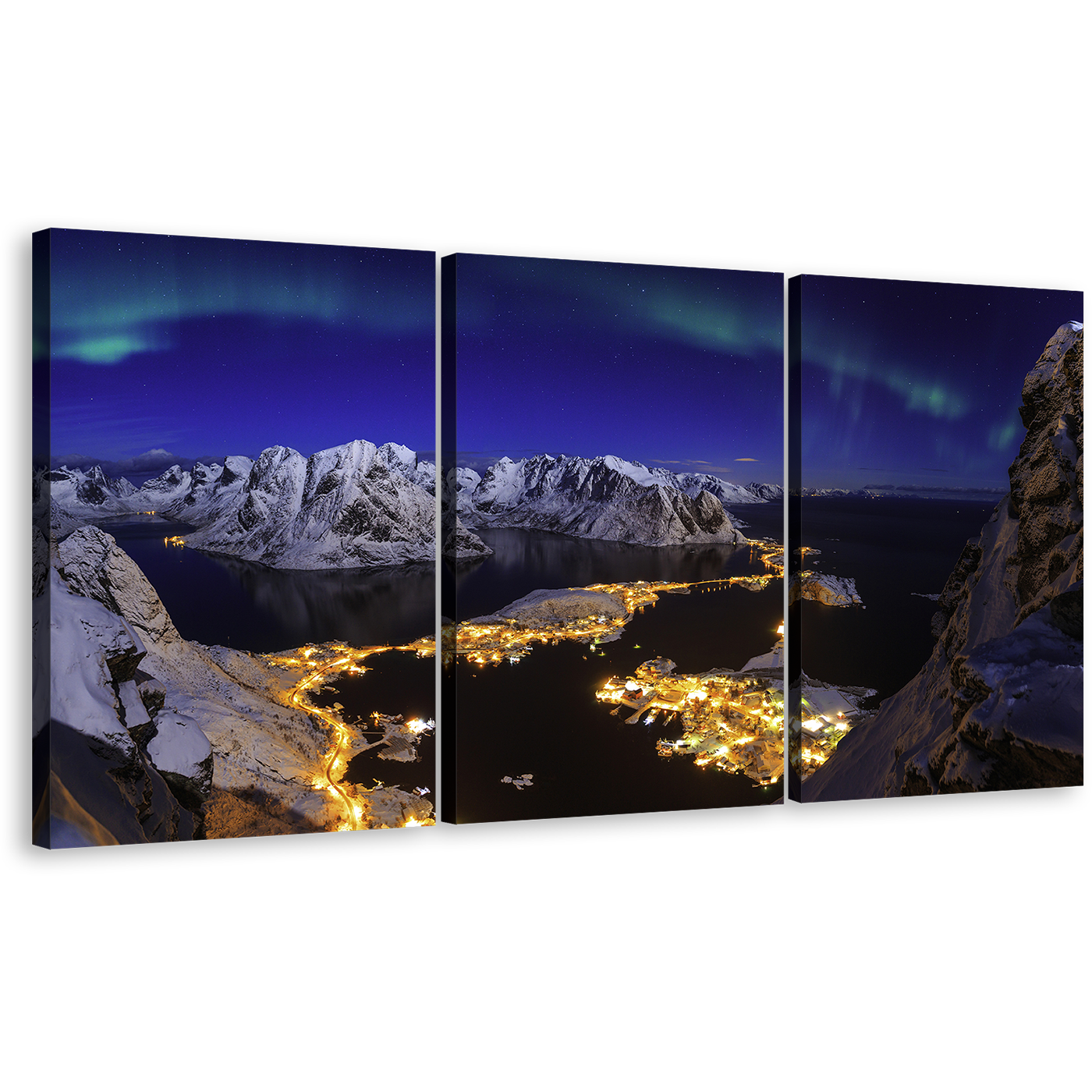 Beach Village Canvas Print, White Snowy Mountains Aurora Seascape 3 Piece Canvas Wall Art, Blue Sky Northern Lights Triptych Multi Panel Canvas