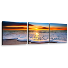 Load image into Gallery viewer, Beach Wave Canvas Print, Beautiful Blue Ocean Sand 3 Piece Multiple Canvas, Orange Sunset Twilight Ocean Beach Wall Art
