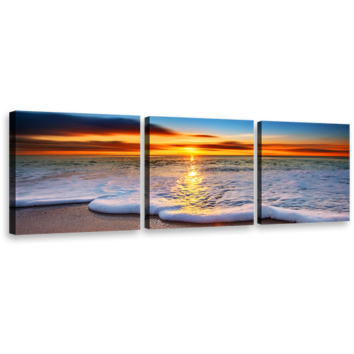 Beach Wave Canvas Print, Beautiful Blue Ocean Sand 3 Piece Multiple Canvas, Orange Sunset Twilight Ocean Beach Wall Art