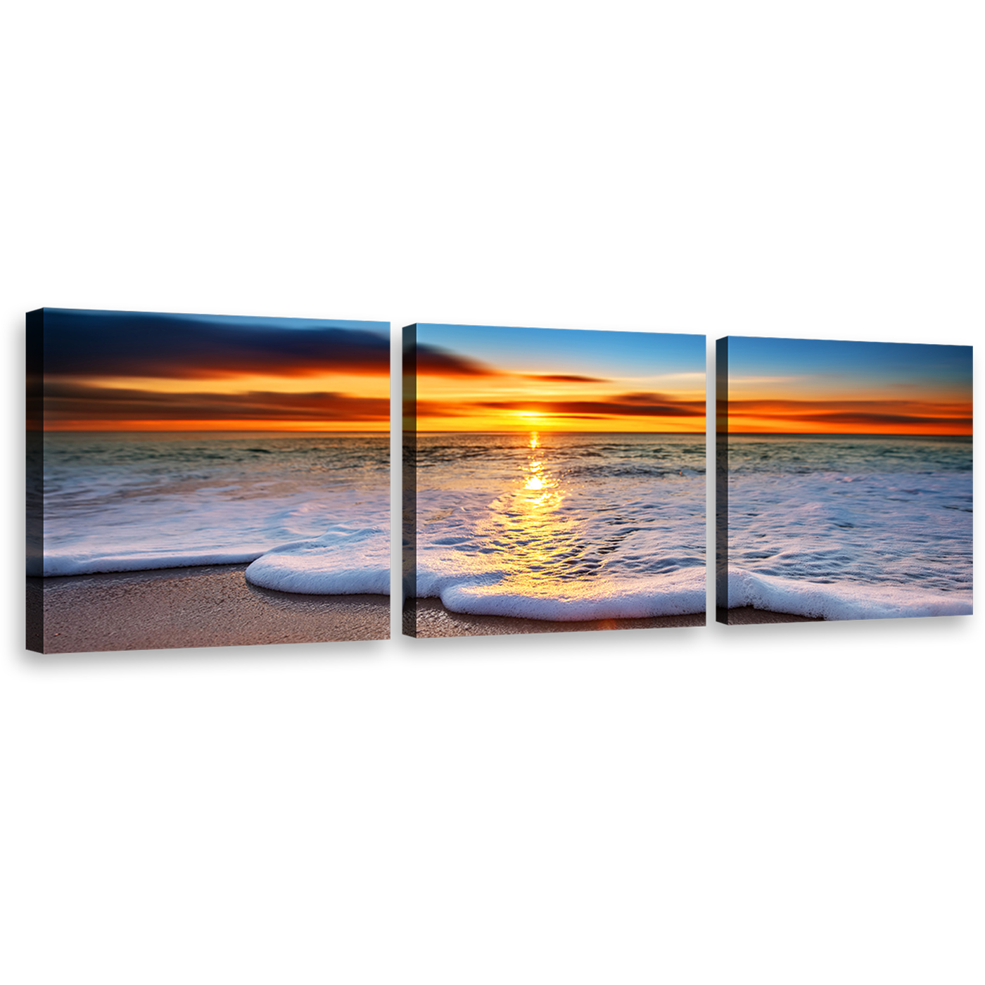 Beach Wave Canvas Print, Beautiful Blue Ocean Sand 3 Piece Multiple Canvas, Orange Sunset Twilight Ocean Beach Wall Art