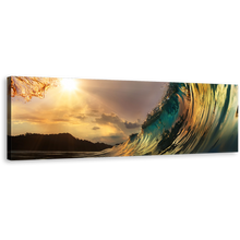 Load image into Gallery viewer, Beach Wave Canvas Print, Beautiful Green Ocean Canvas Art, Yellow Clouds Sunset With Wave Panoramic Wall Art
