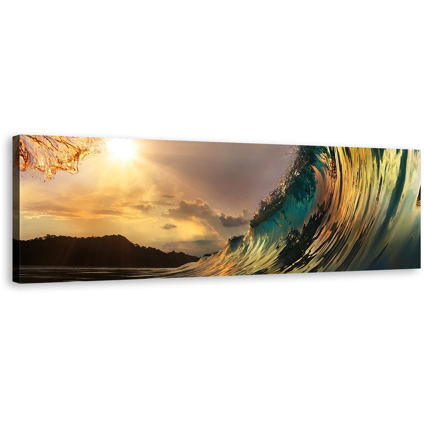 Beach Wave Canvas Print, Beautiful Green Ocean Canvas Art, Yellow Clouds Sunset With Wave Panoramic Wall Art