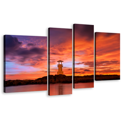 Beacon Light Wall Art, Orange Sunset Khao Lak Phang Nga 4 Piece Multiple Canvas, Red Lake Lighthouse Canvas Print