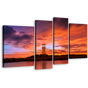 Beacon Light Wall Art, Orange Sunset Khao Lak Phang Nga 4 Piece Multiple Canvas, Red Lake Lighthouse Canvas Print