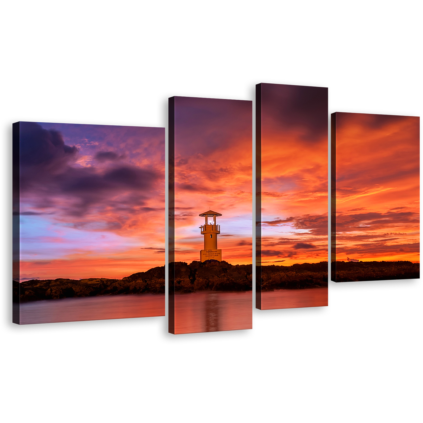 Beacon Light Wall Art, Orange Sunset Khao Lak Phang Nga 4 Piece Multiple Canvas, Red Lake Lighthouse Canvas Print