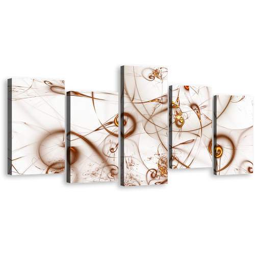 Beautiful Abstract Canvas Wall Art, Brown Modern Elegant Abstract 5 Piece Canvas, White Abstract Fractal Canvas Print