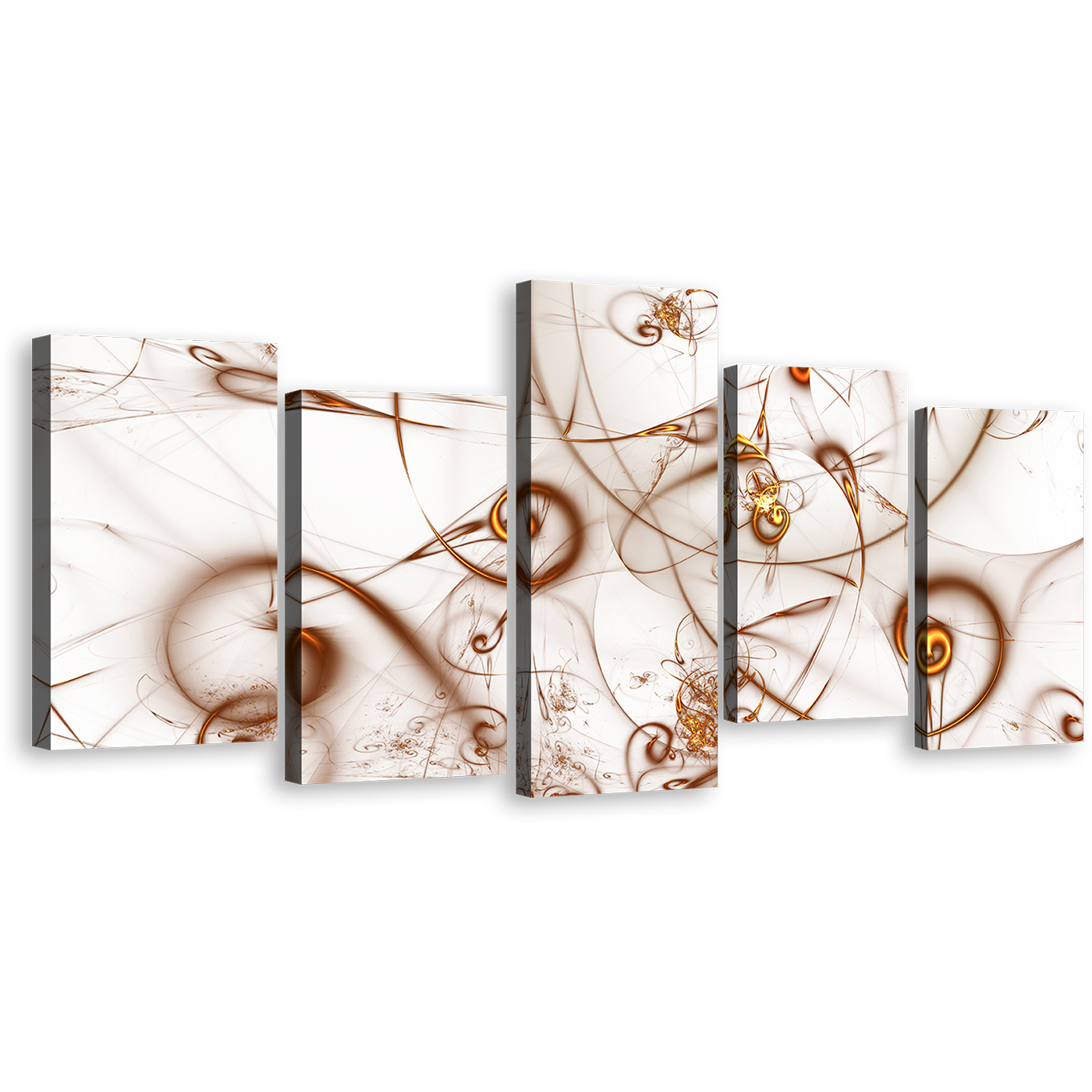 Beautiful Abstract Canvas Wall Art, Brown Modern Elegant Abstract 5 Piece Canvas, White Abstract Fractal Canvas Print