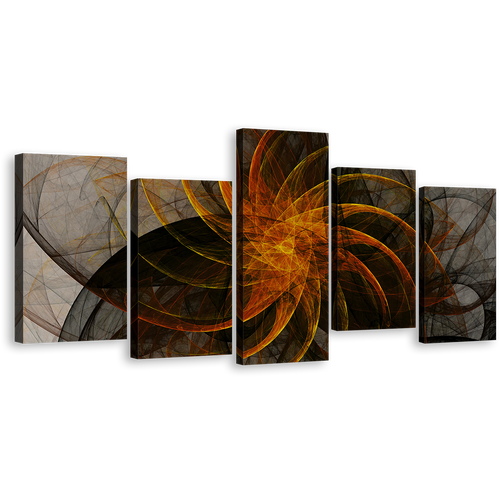 Beautiful Abstract Canvas Wall Art, Grey Abstract Fractal 5 Piece Canvas Print, Orange Black Abstract Patterns Multi Canvas Artwork