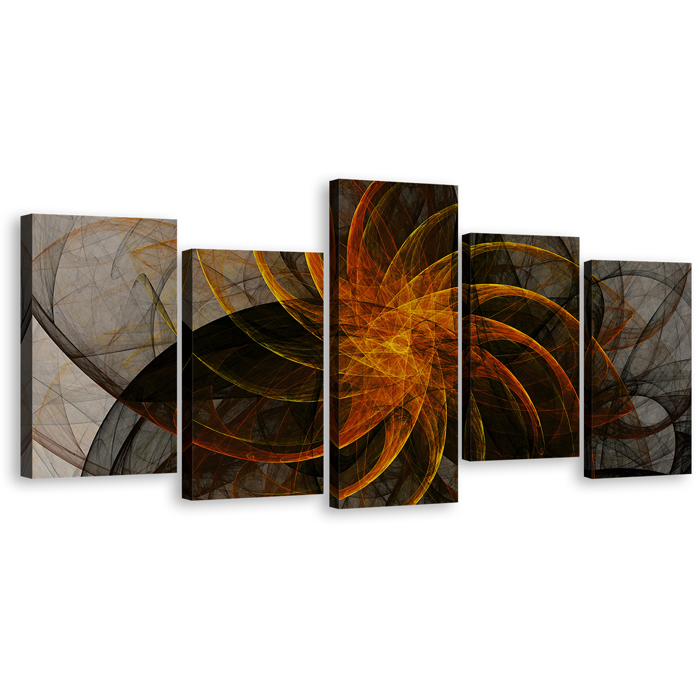 Beautiful Abstract Canvas Wall Art, Grey Abstract Fractal 5 Piece Canvas Print, Orange Black Abstract Patterns Multi Canvas Artwork