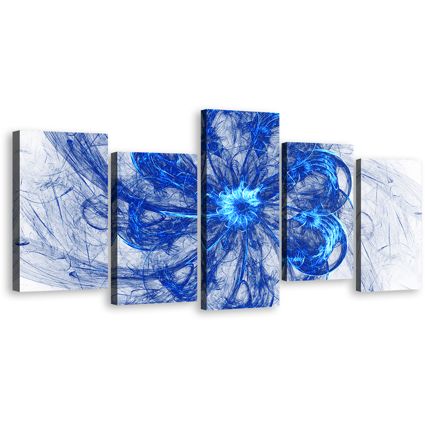 Beautiful Abstract Canvas Wall Art, White Abstract Digital Artwork, Blue Abstract Fractal Circles 5 Piece Canvas, Abstract Glow Fractal Canvas Print