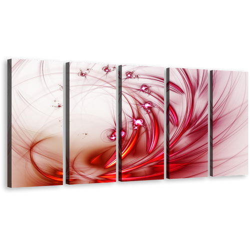 Beautiful Abstract Canvas Wall Art, White Modern Abstract Canvas Print, Red  Fractal Abstract Flower 5 Piece Multi Canvas