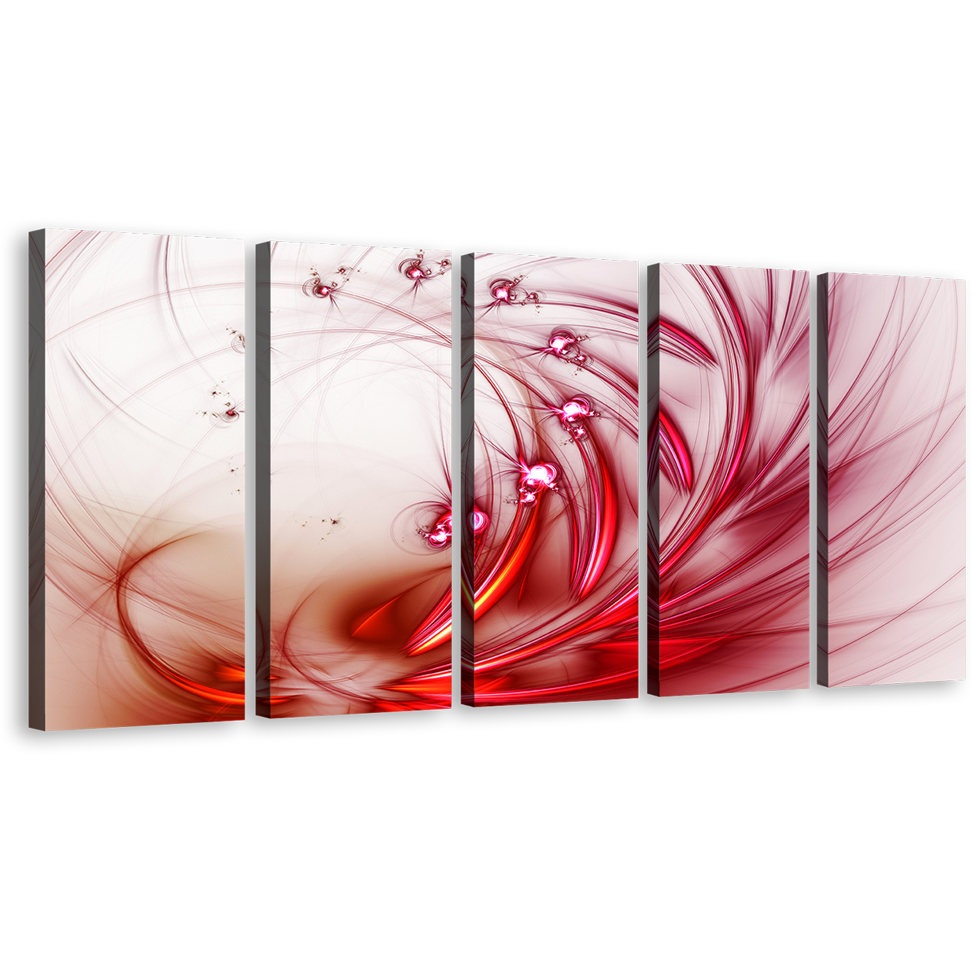 Beautiful Abstract Canvas Wall Art, White Modern Abstract Canvas Print, Red  Fractal Abstract Flower 5 Piece Multi Canvas