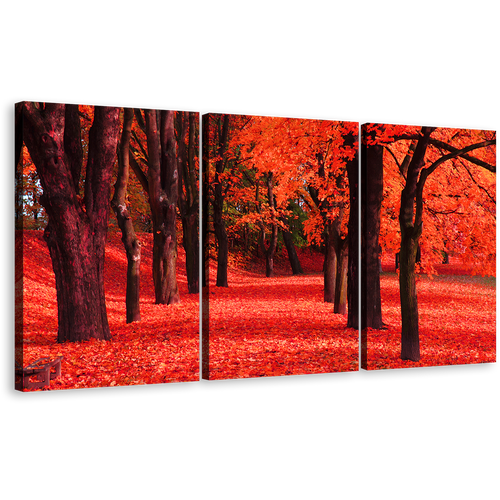 Beautiful Autumn Canvas Wall Art, Contemporary Red Forest 3 Piece Canvas, Black Trees Blossoms Path Triptych Canvas Print