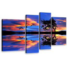 Load image into Gallery viewer, Beautiful Birds Wall Art, Orange Sunset Lake Reflection 4 Piece Canvas Multi-panel Print, Blue Sky Flying Birds Canvas Set
