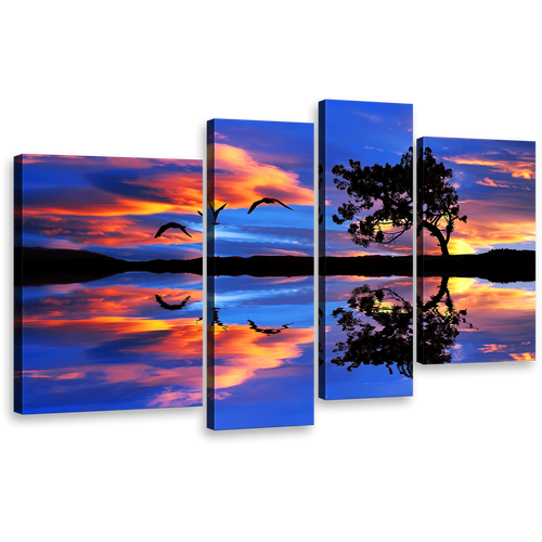 Beautiful Birds Wall Art, Orange Sunset Lake Reflection 4 Piece Canvas Multi-panel Print, Blue Sky Flying Birds Canvas Set