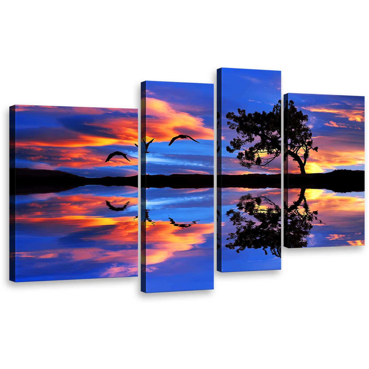 Beautiful Birds Wall Art, Orange Sunset Lake Reflection 4 Piece Canvas Multi-panel Print, Blue Sky Flying Birds Canvas Set