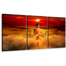 Load image into Gallery viewer, Beautiful Buddha Canvas Wall Art, Enlightenment at Red Sunrise Gazing Horses Under the Dawn Orange Sky 3 Piece Canvas Print
