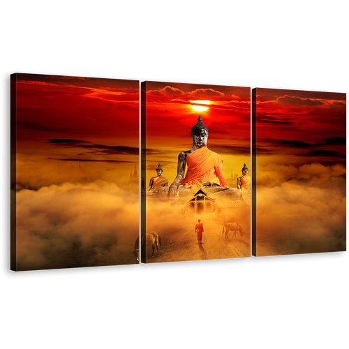 Beautiful Buddha Canvas Wall Art, Enlightenment at Red Sunrise Gazing Horses Under the Dawn Orange Sky 3 Piece Canvas Print