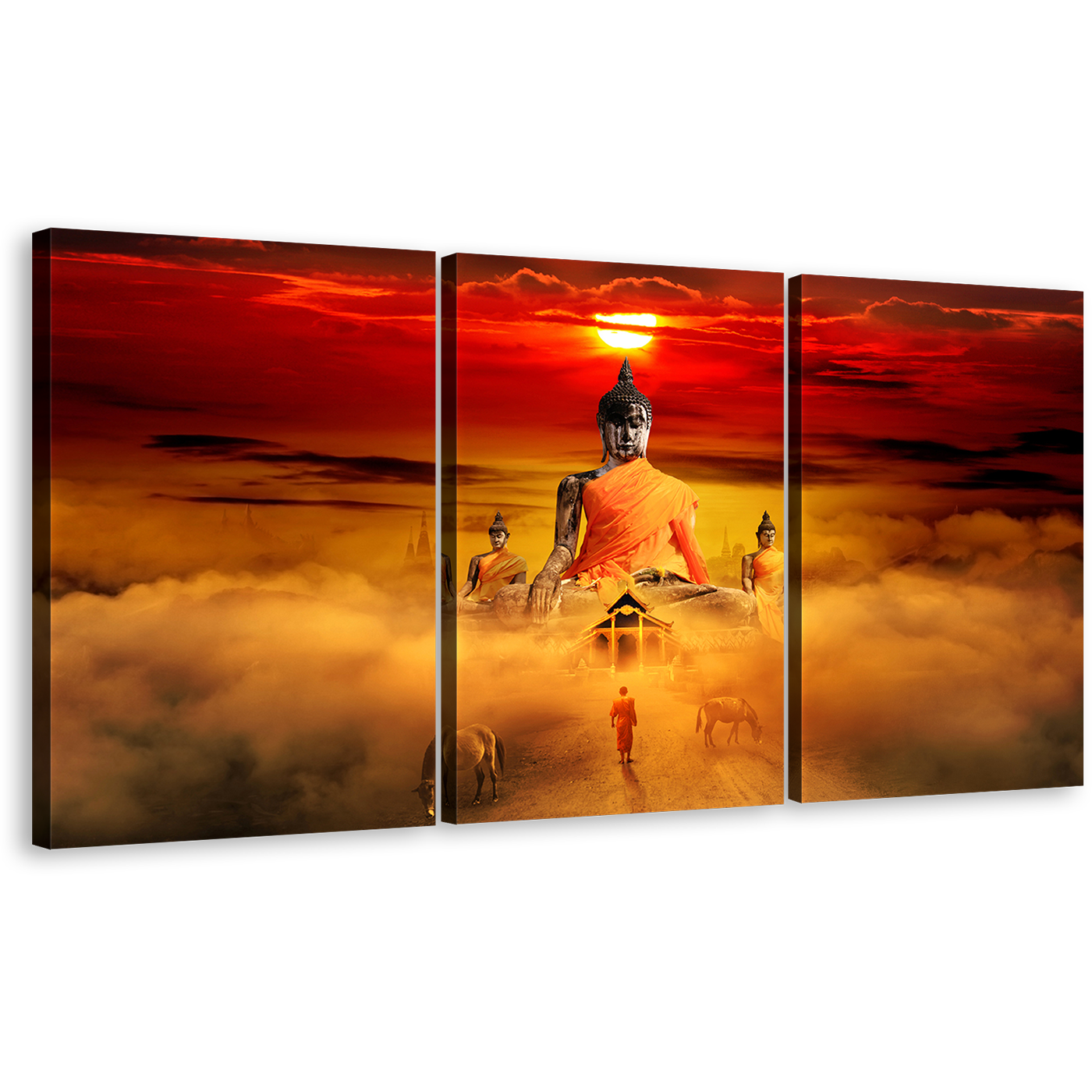 Beautiful Buddha Canvas Wall Art, Enlightenment at Red Sunrise Gazing Horses Under the Dawn Orange Sky 3 Piece Canvas Print