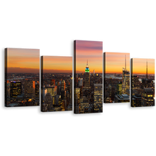 Load image into Gallery viewer, Beautiful City Canvas Wall Art, Grey Canada City Yellow Sky 5 Piece Canvas, Manhattan New York City Skyline Canvas Print
