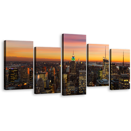 Beautiful City Canvas Wall Art, Grey Canada City Yellow Sky 5 Piece Canvas, Manhattan New York City Skyline Canvas Print