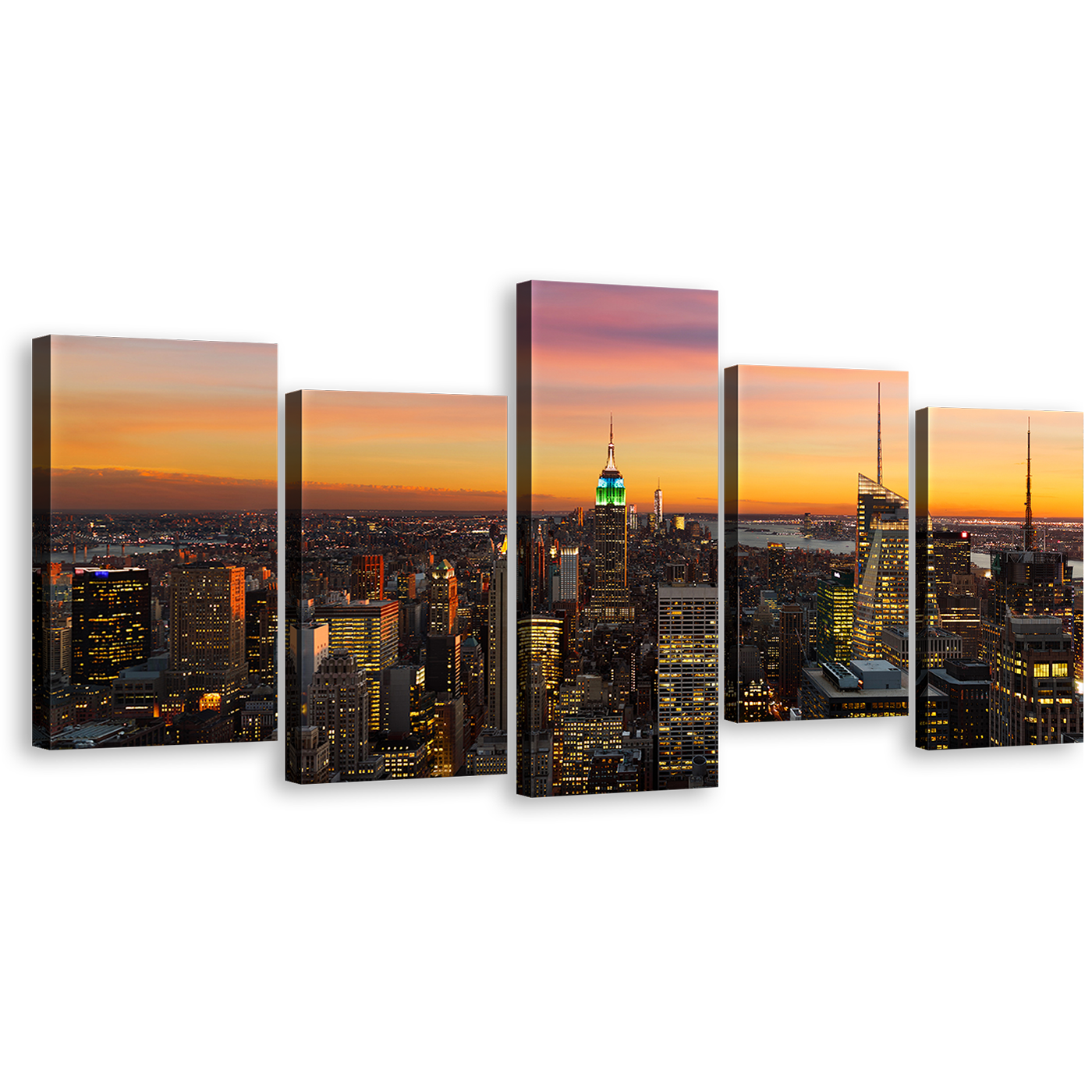 Beautiful City Canvas Wall Art, Grey Canada City Yellow Sky 5 Piece Canvas, Manhattan New York City Skyline Canvas Print