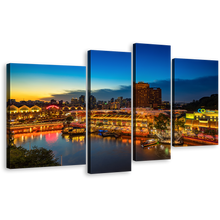 Load image into Gallery viewer, Beautiful Cityscape Canvas Wall Art, Blue Sky Harbors Canals Seascape 4 Piece Multiple Canvas, Yellow Singapore City View Reflection Canvas Print
