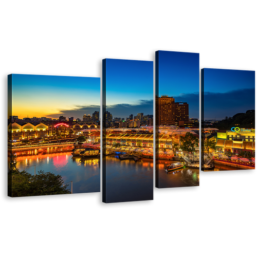 Beautiful Cityscape Canvas Wall Art, Blue Sky Harbors Canals Seascape 4 Piece Multiple Canvas, Yellow Singapore City View Reflection Canvas Print