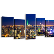 Load image into Gallery viewer, Beautiful Cityscape Canvas Wall Art, Yellow Manhattan Skyline 5 Piece Canvas Set, Blue Sky New York City Canvas Print
