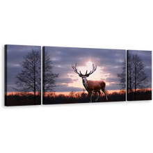 Load image into Gallery viewer, Beautiful Deer Wall Art, Orange Sunset Forest Wildlife Canvas Print, Grey Sky Fallow Deer Animal 3 Piece Multi Canvas
