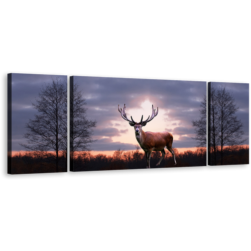 Beautiful Deer Wall Art, Orange Sunset Forest Wildlife Canvas Print, Grey Sky Fallow Deer Animal 3 Piece Multi Canvas