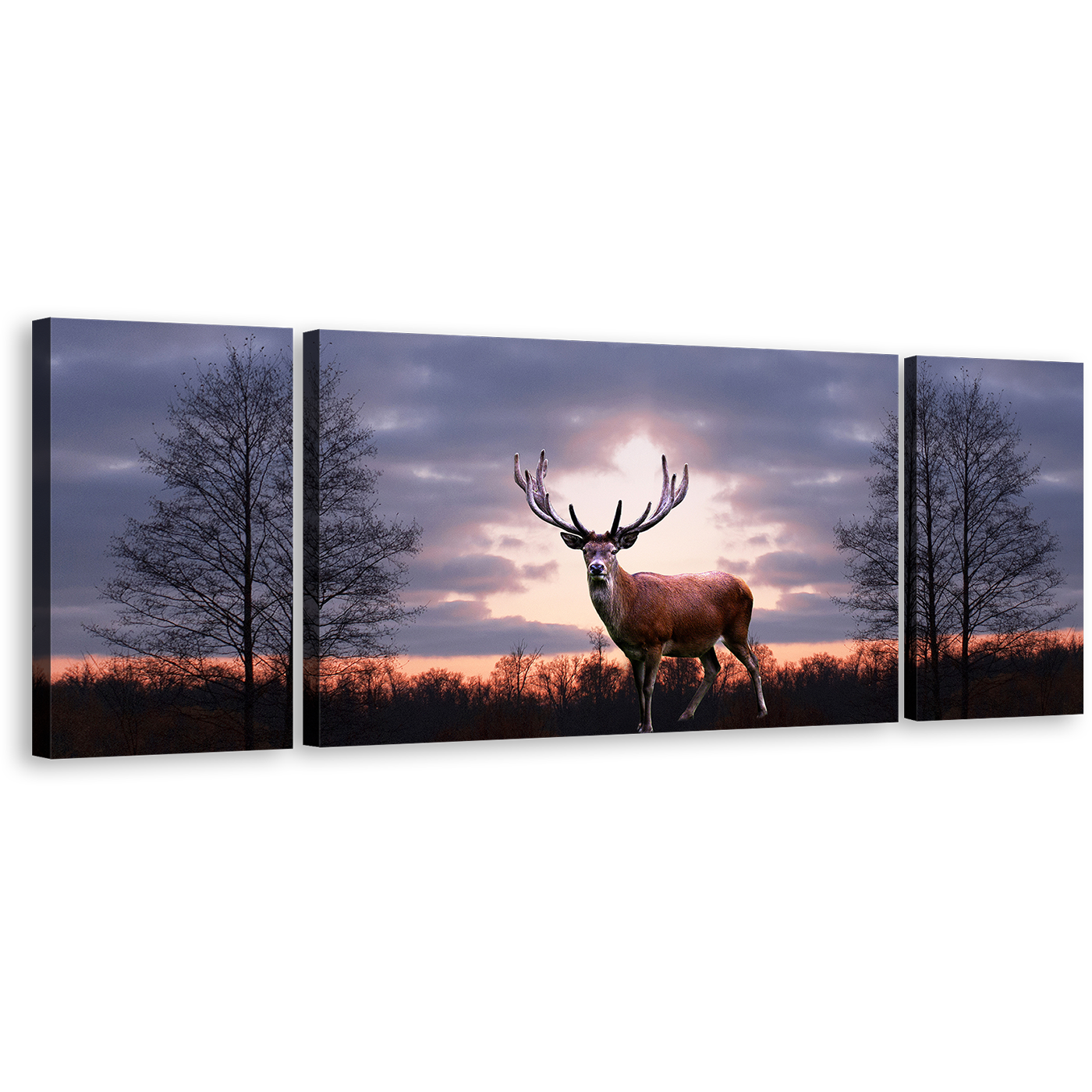 Beautiful Deer Wall Art, Orange Sunset Forest Wildlife Canvas Print, Grey Sky Fallow Deer Animal 3 Piece Multi Canvas