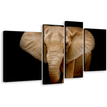 Load image into Gallery viewer, Beautiful Elephant Canvas Wall Art, Black Background Elephant Front 4 Piece Multiple Canvas, Brown Isolated Elephant Canvas Print
