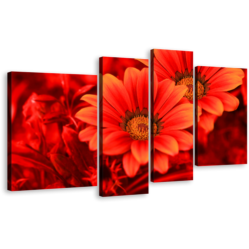 Beautiful Floral Canvas Print, Abstract Red Flowers 4 Piece Canvas Wall Art, Flowers Close Up Canvas Set