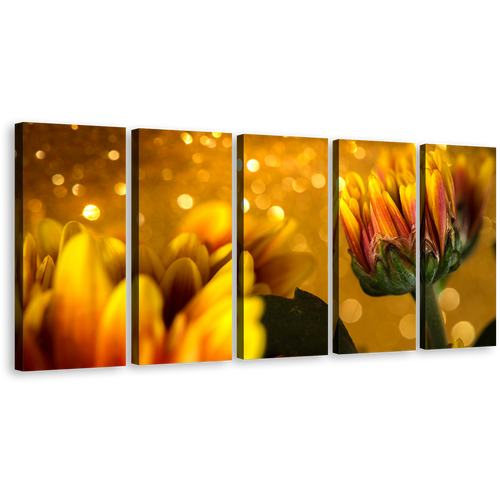 Beautiful Floral Canvas Wall Art, Golden Abstract Flower 5 Piece Canvas, Yellow Chrysanthemum Flowers Canvas Art Print